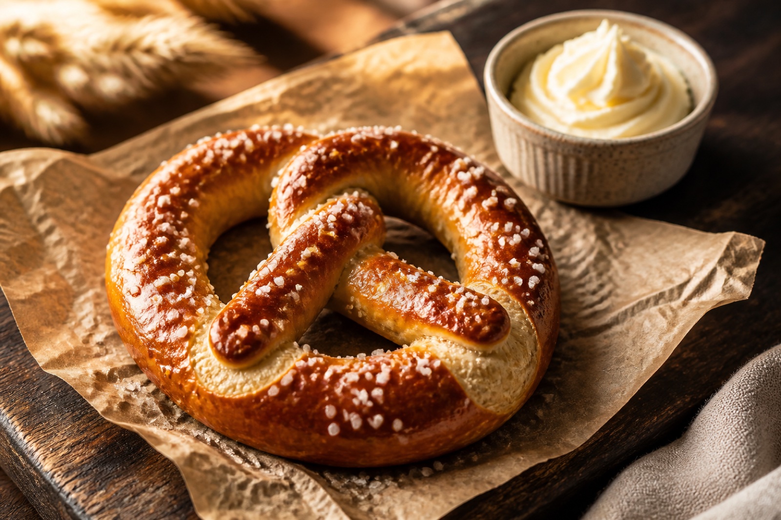 Fresh golden soft pretzel baked at Pretzel Palace, Charlottetown PEI